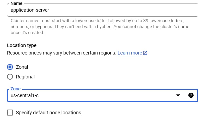 Google Kubernetes Engine zone set up 