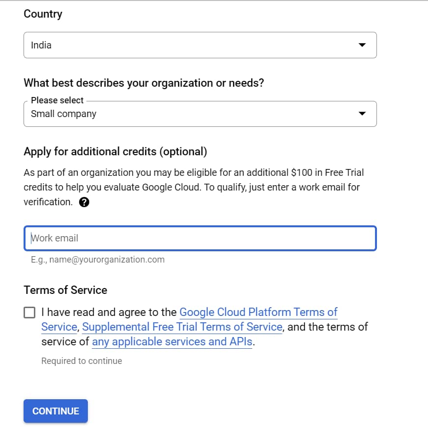 Google cloud free credits account set up 